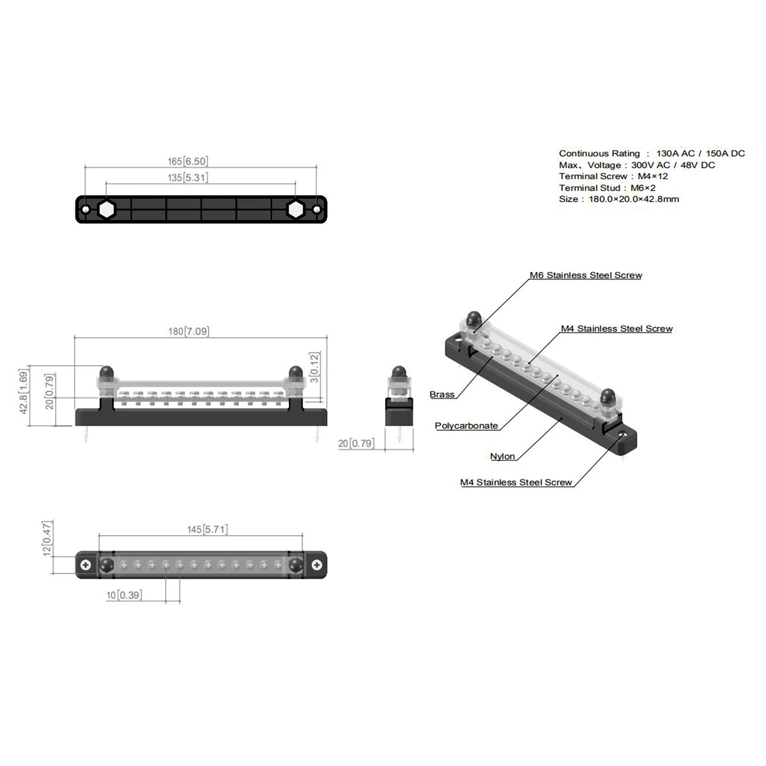 12 Terminal 130A/150A BusBar Block&Cover for Car Boat Marine Power Distribution Terminal Block M4/12 Screwsa+M6/2 Studs dropship