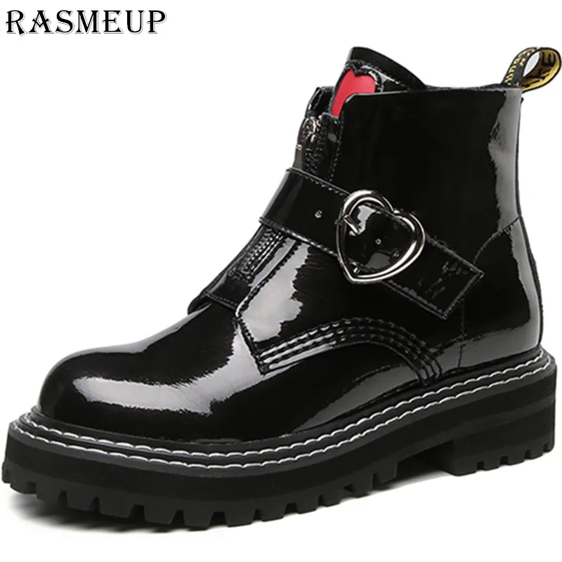 

RASMEUP Genuine leather Flat Women's Martin Boots 2019 Fashion Brand Design Women Winter Boot Front Zipper Platform Ladies Shoes