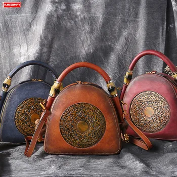 

2019 New Leather Women Handbag Women's Shoulder Bag Embossed Pattern Diagonal Female Messenger Bag Tide Top Layer Cowhide Retro