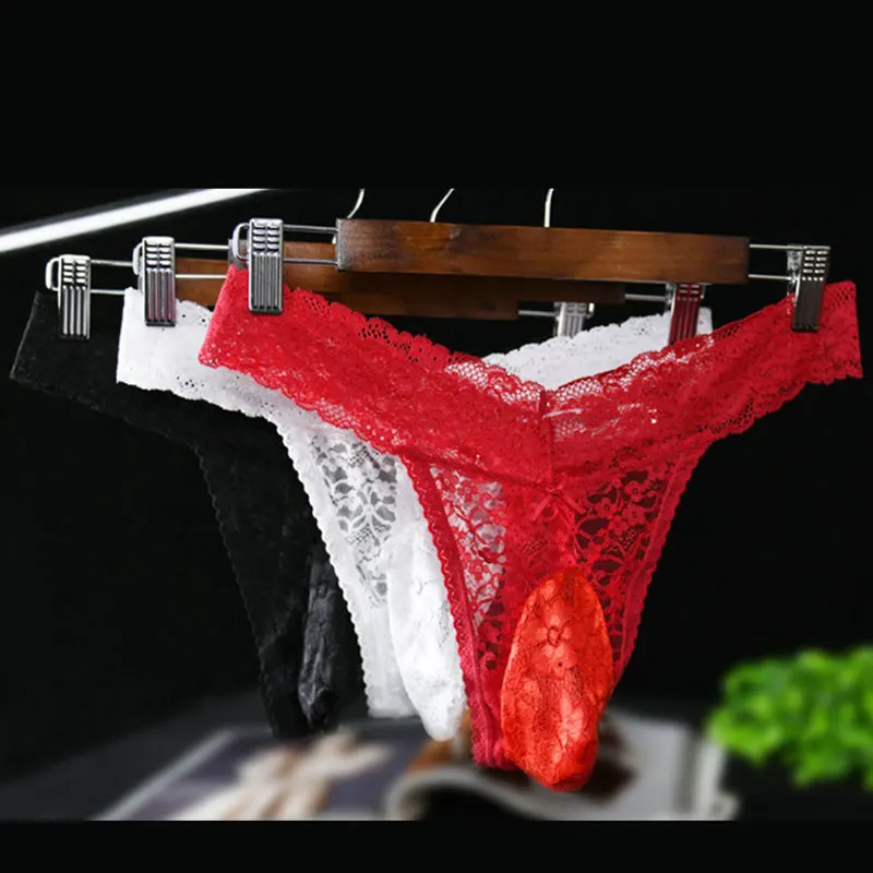 Sexy Men Lace Convex Pouch G-string COCK Ring Sexy Thong Hollow Out Sheer Underwear T-back Erotic Lingerie Gay Wear Plus Size F1