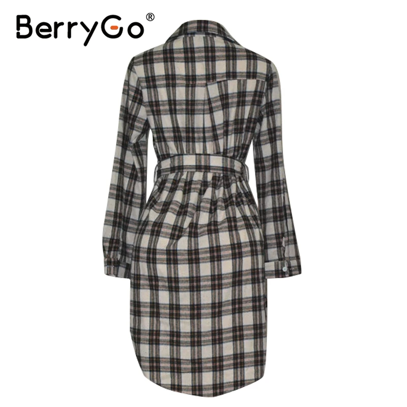 BerryGo, плюс размер, женское платье в клетку, на каждый день, высокая талия, пуговицы, длинный рукав, офисное платье, весеннее женское прямое платье с поясом