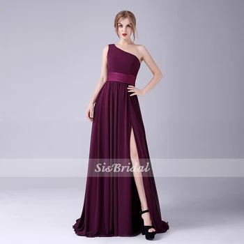 

A-line One Shoulder Sweep / Brush Train Chiffon Bridesmaid Dress with Sashes/ Ribbons Split Front
