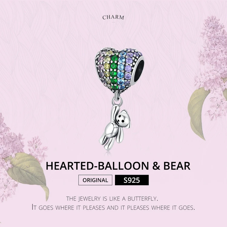 Rainbow Heart Blue Crystal Balloon Bear Charm 925 Sterling Silver
