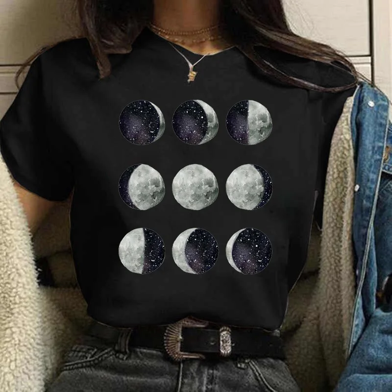 Maycaur New Funny Moon Print T Shirt Women White and Black Shirts Fashion Round Neck Short Sleeve T-Shirt Summer Tees Casual Top