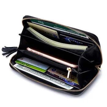 

RFID Tassel Clutch Bag Purse Women Genuine Leather Zipper Phone Bag Long Small Card Bag Ladies Wrist Bag