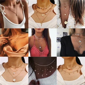 

Vintage Multilevel Necklaces For Women Boho Fashion Geometric Coin Artificial Pearl Shell Stone Crystal Pendant Necklace Jewelry