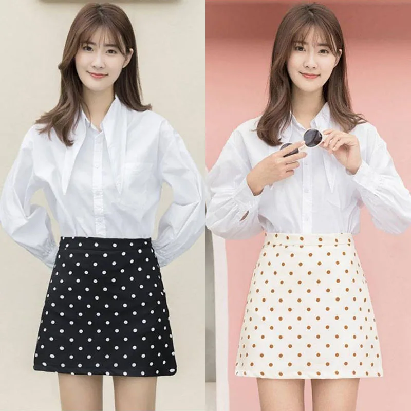 

Women Short Dot Slim Fit High Waist Preppy Style Kawaii Empire Skirts Girls Fashion Mini A-line Skirt