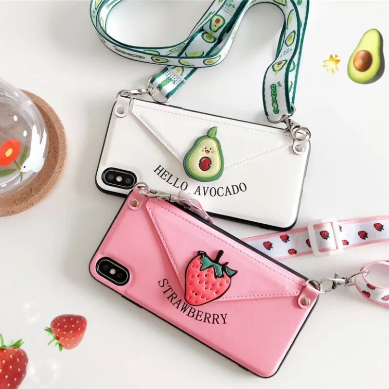 

Fashion With Lanyard Wallet Leather Card Slots Cover Cute Pattern Phone Cases For iPhone 6 6S 7 8 Plus X XS XR MAX Back Funda