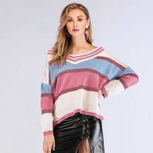 Осень Зима Элегантный V образным вырезом контрастный цвет полосатый вязаный свитер для женщин лоскутное блесток Мягкий