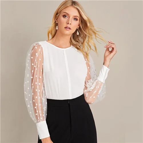 Sheinside White Contrast Polka Dot Mesh Blouse Women Autumn Elegant Bishop Sleeve Blouses Office Ladies Minimalist Top - Цвет: Белый