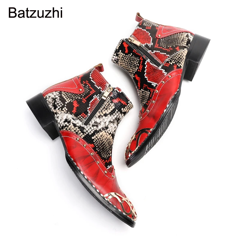 Batzuzhi New Handmade Men Shoes Square Toe Red Genuine Leather Boots Men Zip Short Knight, Party and Wedding Botas Hombre