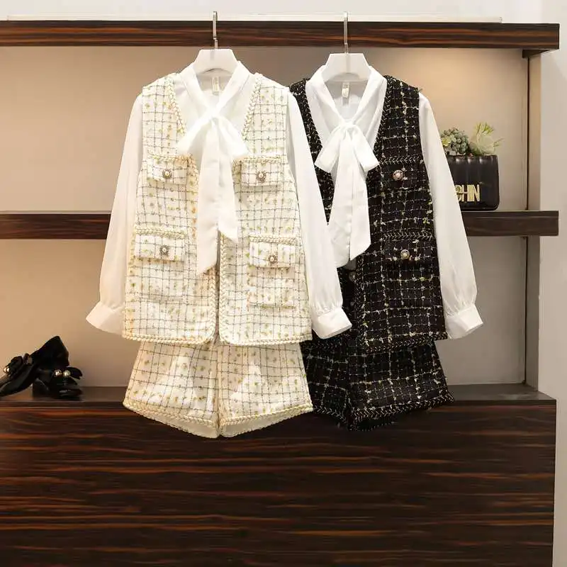 

Banulin England Style Ladies 3 Piece Suit Female Autumn Tweed Jacket Chiffon Shirt Shorts Sets Winter Outfits Retro Matching Set