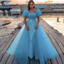 

Chenxiao Blue Short Puff Sleeves Prom Dresses Mermaid Sequined Organza Evening Dress Pleats Backless Women Party Gowns 2022