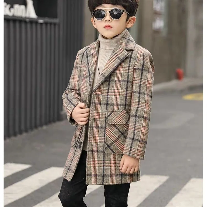Boy Wool Coat for Autumn & Winter Children's Jacket Fashion Turn Collar Plaid Keep Warm Outerwear Teenage Clothes