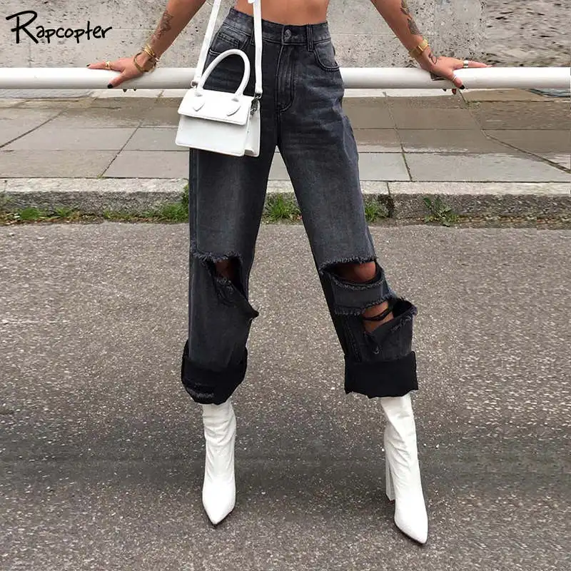 Rapcopter Высокая талия уличная женские свободные широкие брюки женские повседневные корейские брюки на молнии модные хлопковые брюки с дырками - Цвет: Черный