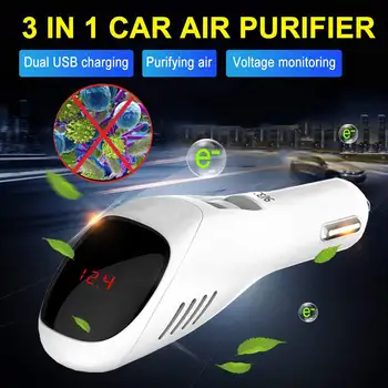 

12V/24V Dual USB Car Air Purifier Negative Ions PM2.5 Air Cleaner Ionizer Air Freshener Auto Mist Digital Display Fast Charger
