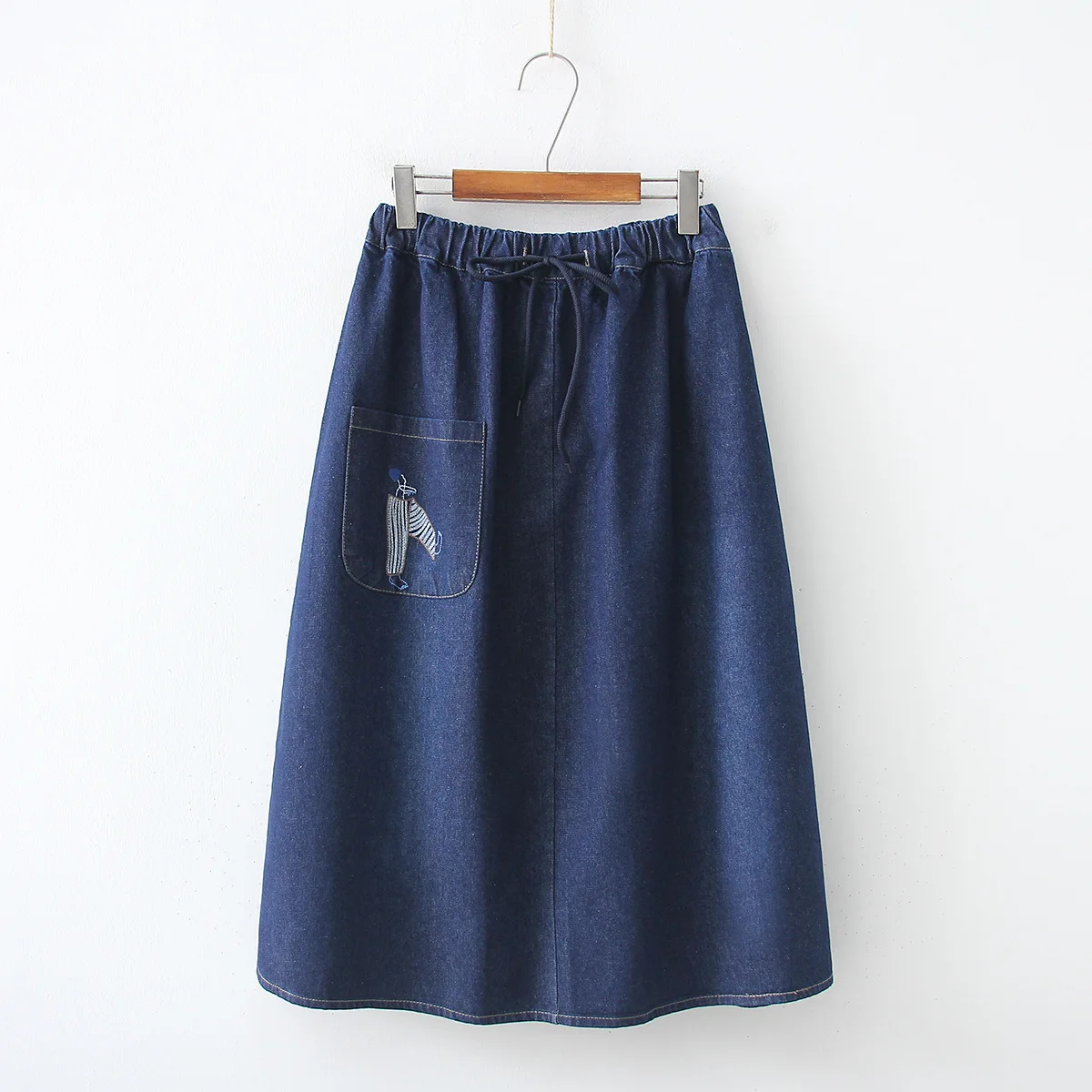 

Spring And Autumn New Style Embroidered Pocket Mid-length Skirt Loose-Fit Big Hemline High Waist Drawstring Denim Skirt S26420