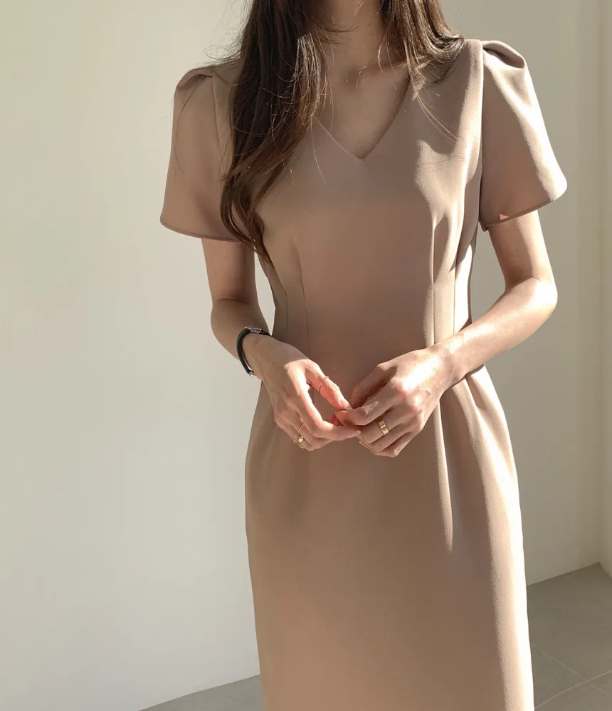 Woherb Korean Chic Women Dress Short Sleeve Casual V-Neck Elegant Office Lady Dresses 2020 New Slim Waist Robe Vestidos Mujer