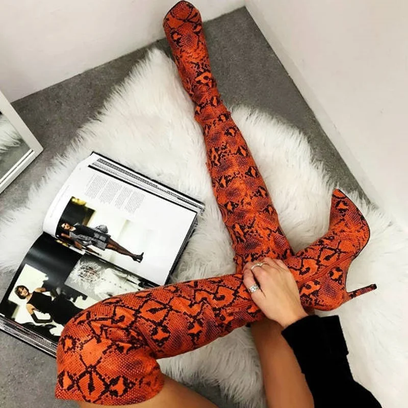 

Snake Skin High Heel Stiletto Boots Over The Knee Thigh High Winter Women Custom Made Shoes Side Zipper Pointy Toe Leather Boots