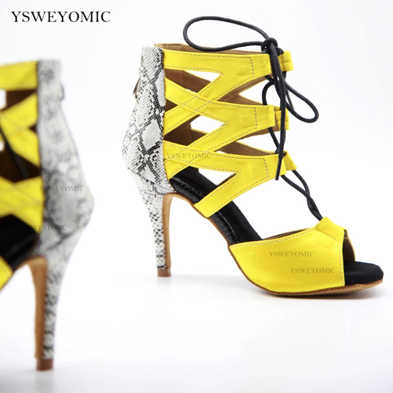 Salsa Latin Dance Shoes For Women Yellow Satin Mixed Snake Printing Leather Comfortable Dance Shoes In 8.5cm 10cm High Heel