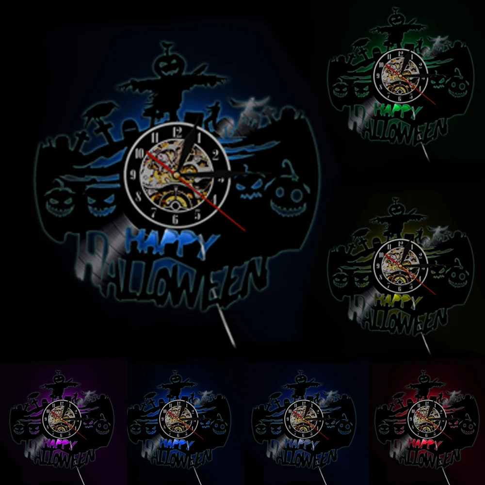 Dracula's Castle Handmade Wall Clock Halloween Dark Horror Home Decoration Gothic Vampire Bats Vintage Vinyl Record Wall Clock - Цвет: With LED