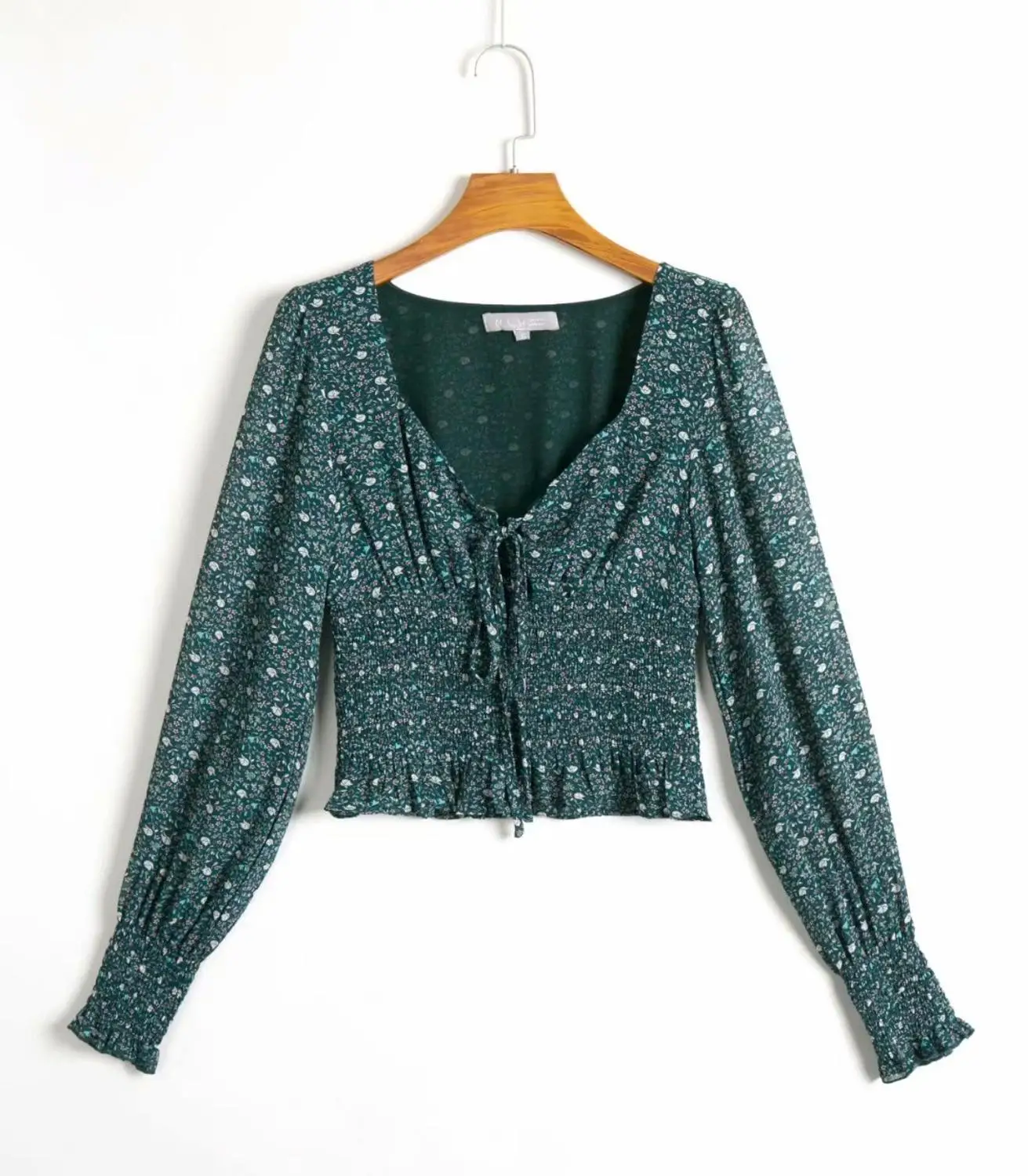 N317 green 1146 Bazaleas шикарный зеленый цветочный принт blusas mujer de moda эластичная талия оборки блузка женская мода укороченный топ дропшиппинг - Цвет: N317 green 1146