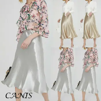 

2020 Women Skirt Ladies Glossy Satin Skirt Plain Shiny PVC Wet Look Fashion Party Office Skirts Solid Metallic High Waist Skirts