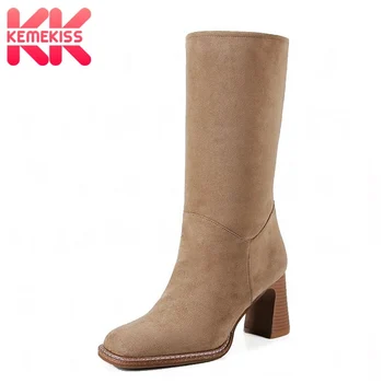 

KemeKiss Square Heel Women Mid-Calf Boots Real Leather Shoes Women Vintage Solid Color Casual Female Riding Footwear Size 34-40