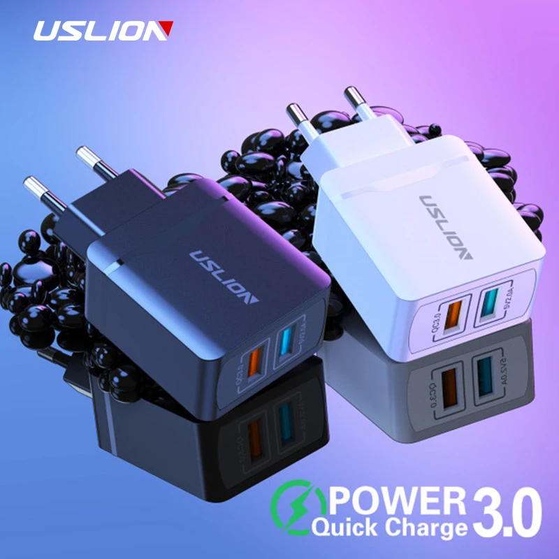 

USLION Quick Charge 3.0 Dual USB 3A Charger For iPhone 11 Pro XS Max Samsung Huawei Xiaomi EU Plug Mobile Phone Fast Charging