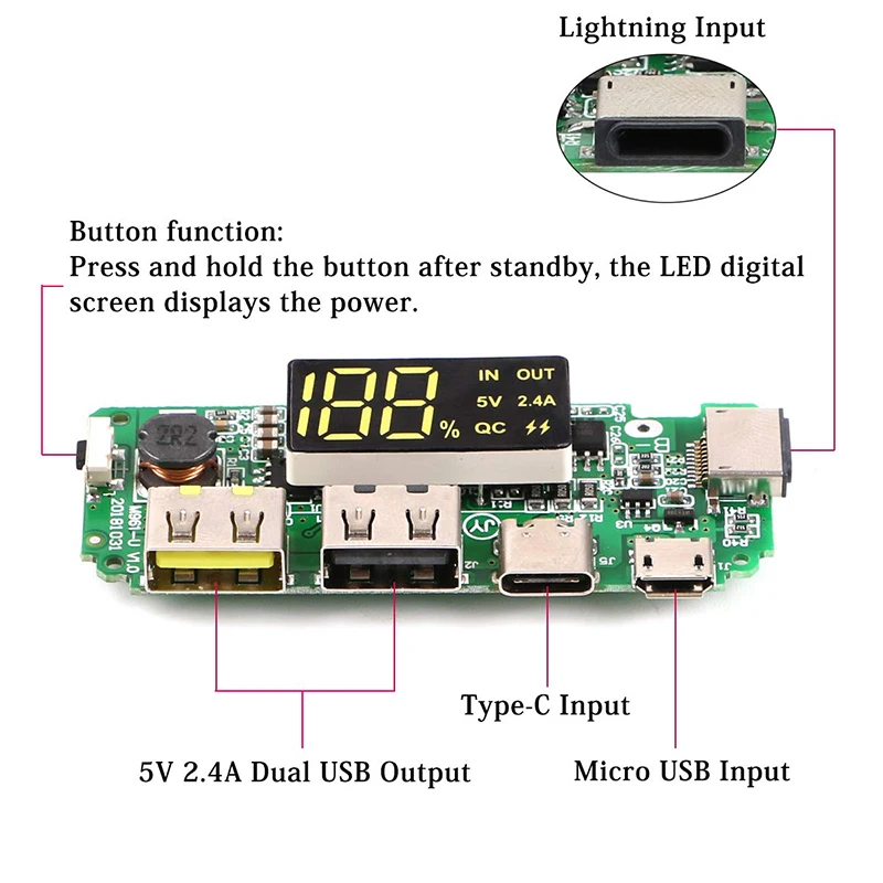 Светодиодный usb-экран Micro type-C power display Мобильный Внешний аккумулятор 18650 зарядное устройство от перегрузки защита от короткого замыкания