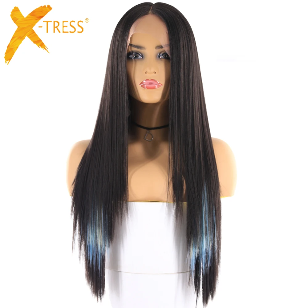 Yaki Straight Synthetic Hair Wigs With Natural Hairline X-TRESS Ombre Blue Color Long Layered Lace