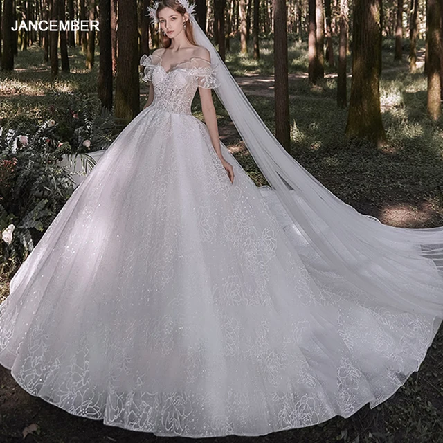 LDR54 Off-shoulder Trailing Wedding Dress 2021 New Bridal Light Fairy Mori Style Dream Lace Flowers Print Gown свадебное платье 1