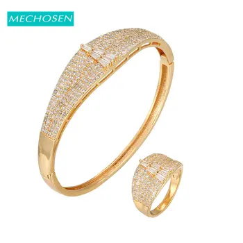 

MECHOSEN Gold Luxury Bangle Ring Set Ladies Jewelry Set Wedding Cubic Zircon Crystal Bridal Accessories aretes de mujer modernos