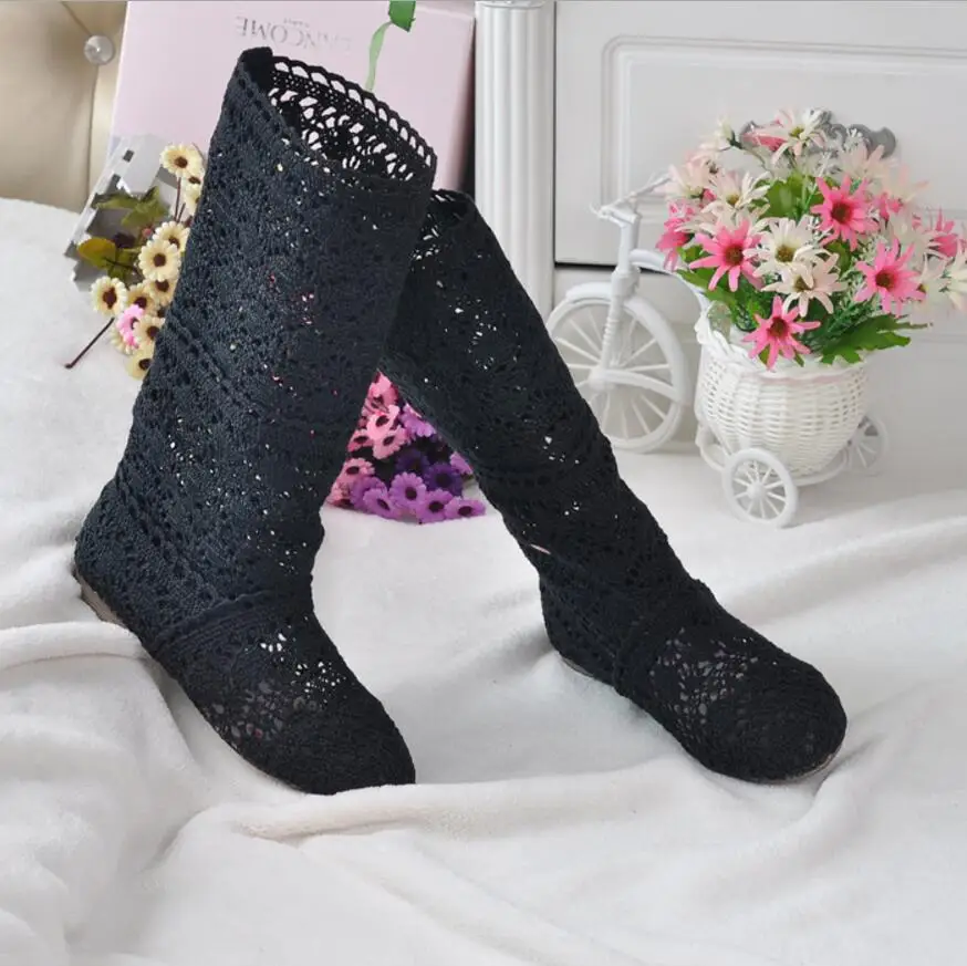 Botas huecas para mujer, zapatos transpirables de malla de línea de punto, botas de verano altas coreanas, hasta la rodilla, 2021