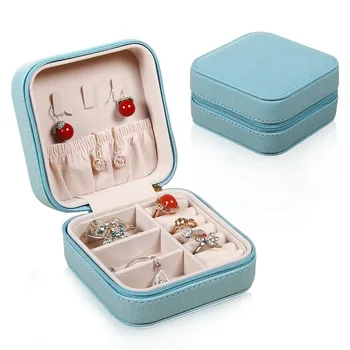 

Jewelry Box PU Leather Portable Earring Ring Organizer Zipper Jewelry Display Box Stud Earrings Rings Box