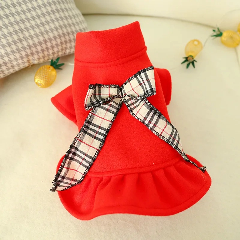 

Pet Dog Cat Autumn And Winter New Style Yorkshire Teddy Puppy Cute England Bow Red Woolen Cloth Skirt