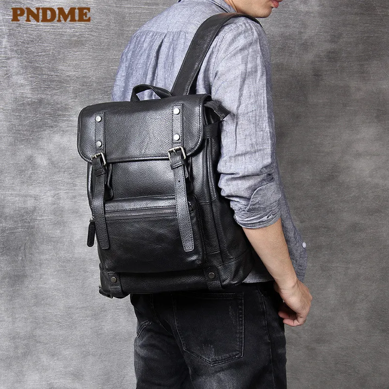 

PNDME casual luxury genuine leather men's black backpack top layer cowhide anti-theft travel bagpack designer laptop schoolbag
