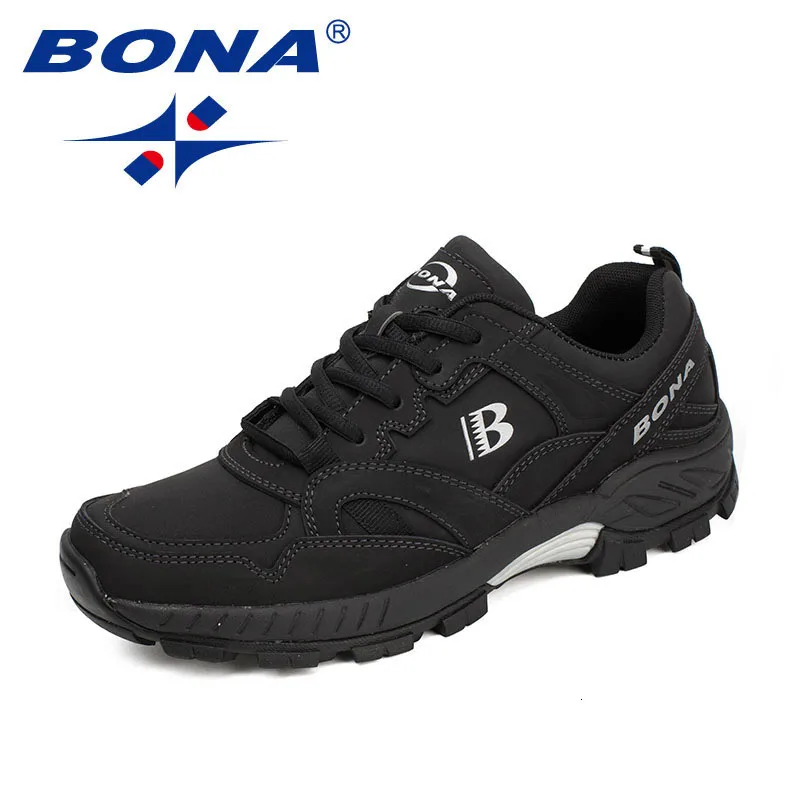 BONA Man Hiking Shoes Men Suede Breathable Lace Up Men Athletic Shoes Outdoor Jogging Sneakers Comfortable Soft Outdoor Sneakers - Цвет: BLACK