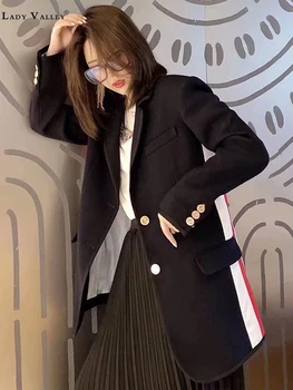 

Fashion side contrast color stripe stitching woolen suit jacket ladies spring and autumn wild temperament suit tops