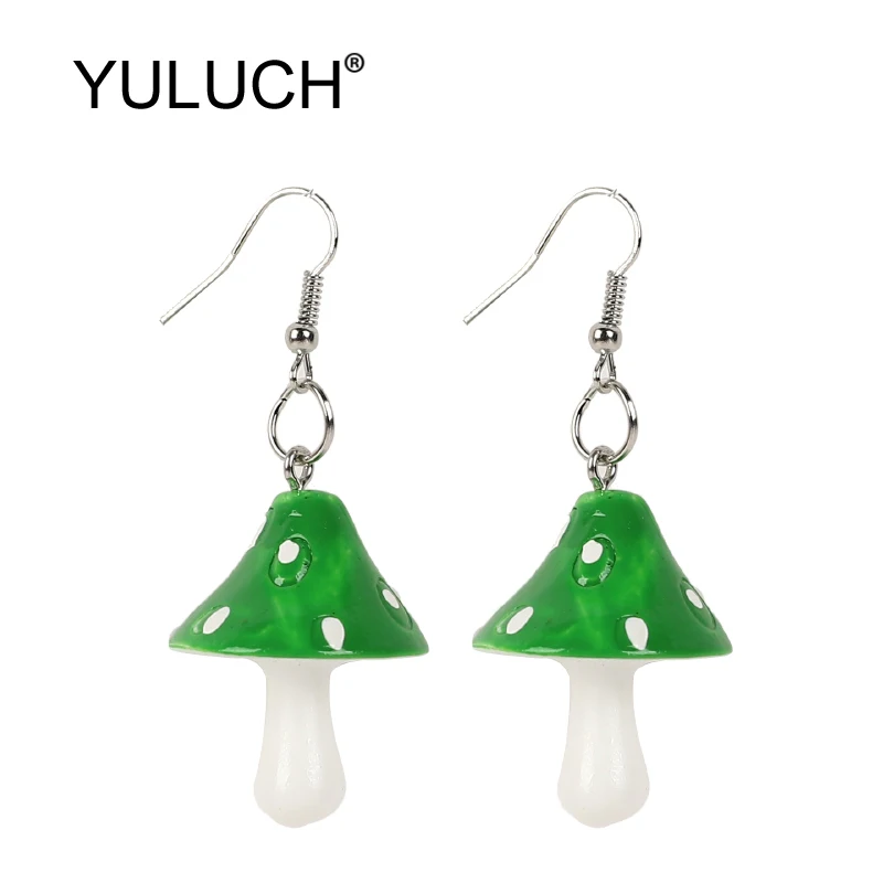 Женские длинные серьги Грибы YULUCH зеленые/красные с растительным узором
