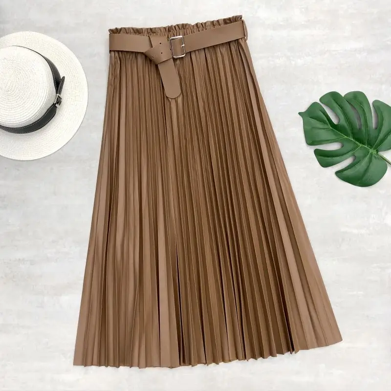 Neophil Women PU Faux Leather Runched Belt Skirts Paperbag Bud Waist Wavy Pleated Latex Crinkle Female Winter Long Skirt S21803
