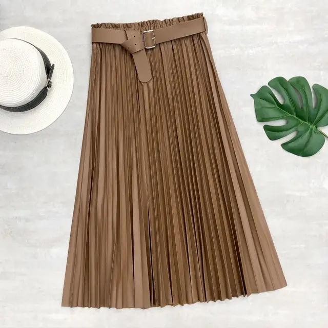 Neophil Women PU Faux Leather Runched Belt Skirts Paperbag Bud Waist Wavy Pleated Latex Crinkle Female Winter Long Skirt S21803 Khaki