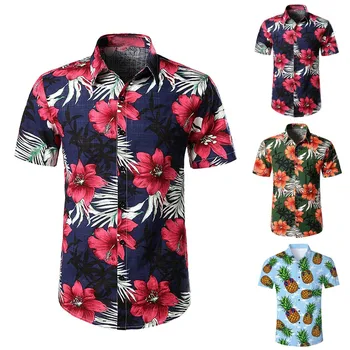 

Men shirts Hawaii Printed Splicing Pattern Casual Fashion Lapel Short Sleeve camisas para hombre