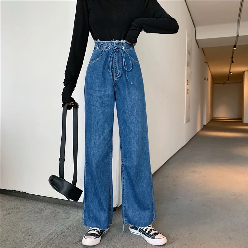 JUJULAND женская одежда мешковатые джинсы с прямыми светоотражающие полоски на ногу высокие waists свободные Синие Красивые брюки на завязке 66191