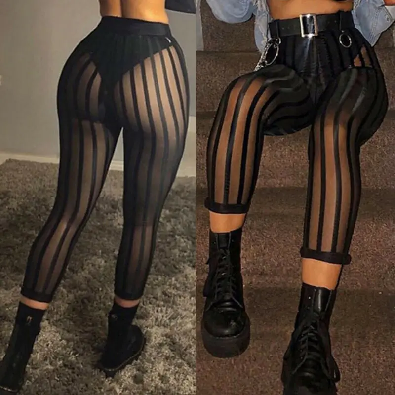 

Hot Sexy Mesh Striped Leggings Women Striped Mesh Perspective Pants Knee Length Slim Trousers Club Wear