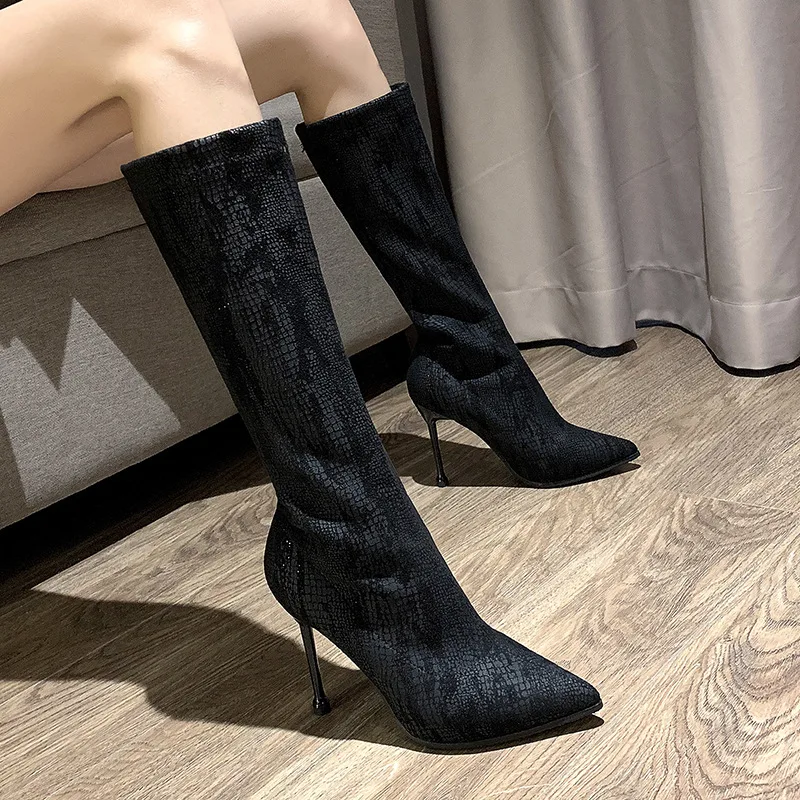 

7777-5 Pointed Stiletto Stretch Boots Women's 2019 Autumn & Winter New Style Stovepipe Over-the-knee Boots Thin Boots