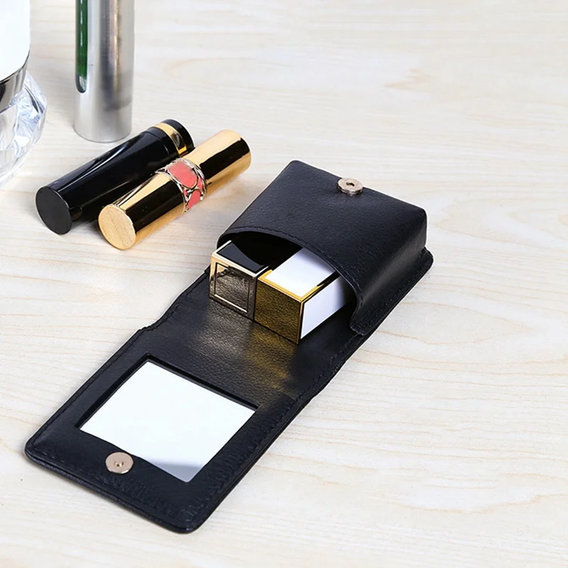

Leather Mini Lipstick Cosmetic Bag With Mirror Makeup Pouch Organizer Portable Beauty Case Storage Cases For Travel
