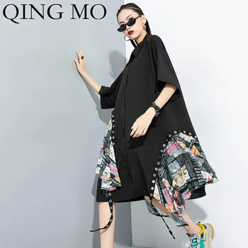 

QING MO Black Women Lapel Blouse 2020 Summer Women Irregilar Patchwork Blouse Female Personality Dress ZQY3600