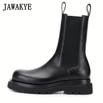

Black Thick Sole Chelsea Boots Women Real Leather Platform Stivali Boots Elastic Slip On Motorcycle Boots Round Toe Shoes Woman