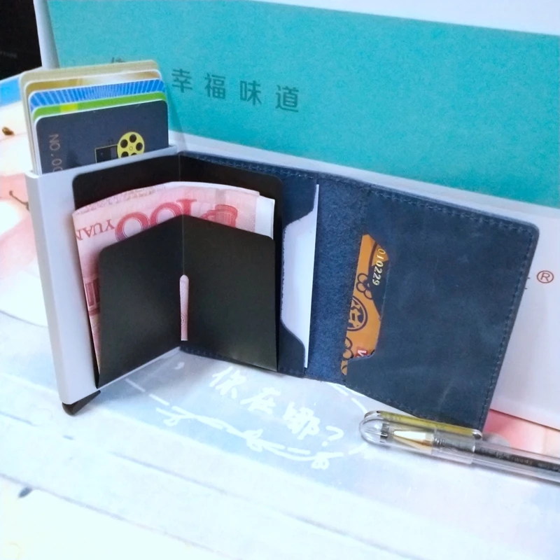 Натуральная кожа RFID Блокировка Мужской Мини Кошелек Алюминиевый Чехол для кредитных карт женский Противоугонный автоматический всплывающий держатель для карт 7-8 карт